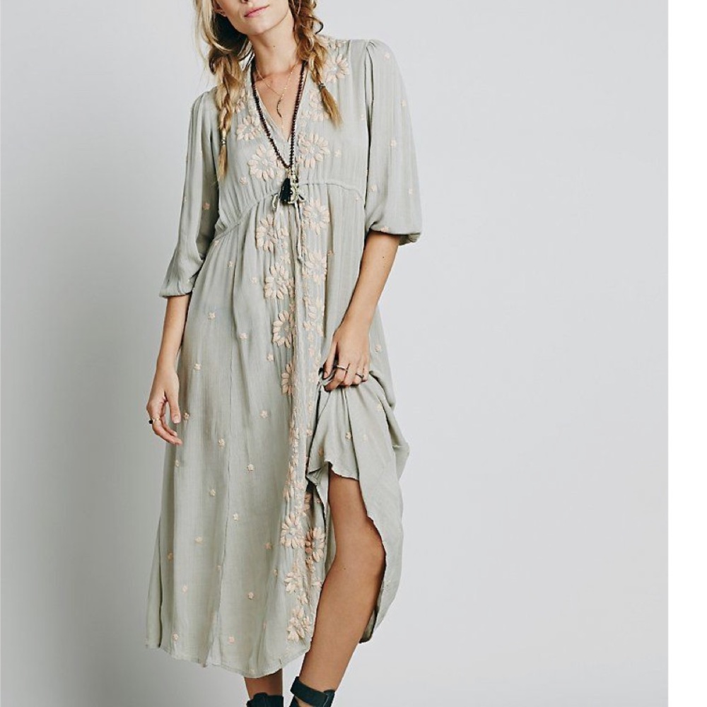 ISO Sage Free People Embroidered Fable Midi Dress